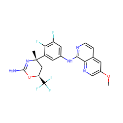 COc1cnc2c(Nc3cc(F)c(F)c([C@]4(C)C[C@@H](C(F)(F)F)OC(N)=N4)c3)nccc2c1 ZINC000218675306