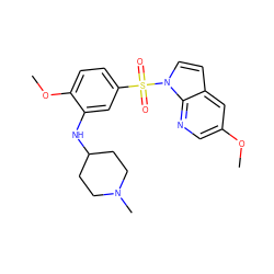 COc1cnc2c(ccn2S(=O)(=O)c2ccc(OC)c(NC3CCN(C)CC3)c2)c1 ZINC000095576411