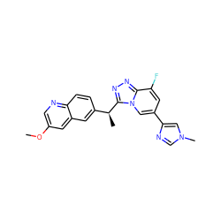 COc1cnc2ccc([C@H](C)c3nnc4c(F)cc(-c5cn(C)cn5)cn34)cc2c1 ZINC000299856911
