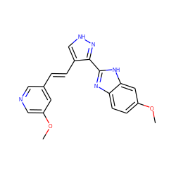 COc1cncc(/C=C/c2c[nH]nc2-c2nc3ccc(OC)cc3[nH]2)c1 ZINC000028896773