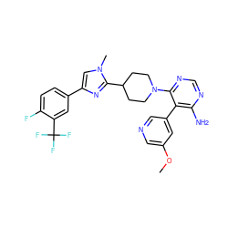 COc1cncc(-c2c(N)ncnc2N2CCC(c3nc(-c4ccc(F)c(C(F)(F)F)c4)cn3C)CC2)c1 ZINC000218688237