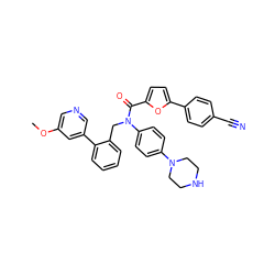 COc1cncc(-c2ccccc2CN(C(=O)c2ccc(-c3ccc(C#N)cc3)o2)c2ccc(N3CCNCC3)cc2)c1 ZINC000073240615