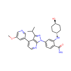 COc1cncc(-c2ccnc3c2c(C(C)C)nn3-c2ccc(C(N)=O)c(N[C@H]3CC[C@H](O)CC3)c2)c1 ZINC000261125020