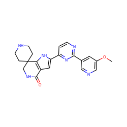 COc1cncc(-c2nccc(-c3cc4c([nH]3)C3(CCNCC3)CNC4=O)n2)c1 ZINC000071334947