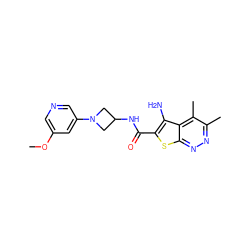 COc1cncc(N2CC(NC(=O)c3sc4nnc(C)c(C)c4c3N)C2)c1 ZINC001772617025