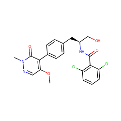 COc1cnn(C)c(=O)c1-c1ccc(C[C@@H](CO)NC(=O)c2c(Cl)cccc2Cl)cc1 ZINC000029127879