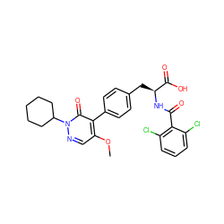 COc1cnn(C2CCCCC2)c(=O)c1-c1ccc(C[C@H](NC(=O)c2c(Cl)cccc2Cl)C(=O)O)cc1 ZINC000014962220