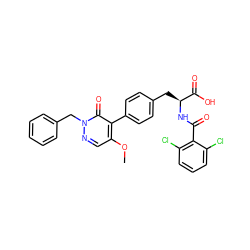 COc1cnn(Cc2ccccc2)c(=O)c1-c1ccc(C[C@H](NC(=O)c2c(Cl)cccc2Cl)C(=O)O)cc1 ZINC000014962211