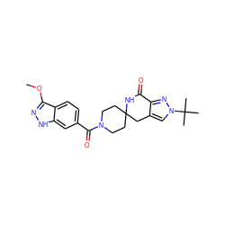 COc1n[nH]c2cc(C(=O)N3CCC4(CC3)Cc3cn(C(C)(C)C)nc3C(=O)N4)ccc12 ZINC000261130680