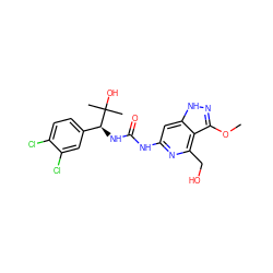 COc1n[nH]c2cc(NC(=O)N[C@@H](c3ccc(Cl)c(Cl)c3)C(C)(C)O)nc(CO)c12 ZINC001772641482