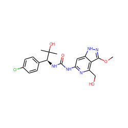 COc1n[nH]c2cc(NC(=O)N[C@@H](c3ccc(Cl)cc3)C(C)(C)O)nc(CO)c12 ZINC001772600830