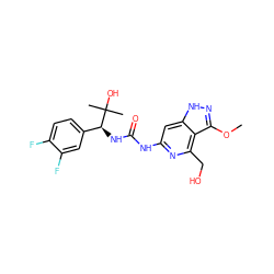 COc1n[nH]c2cc(NC(=O)N[C@@H](c3ccc(F)c(F)c3)C(C)(C)O)nc(CO)c12 ZINC001772606201