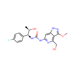 COc1n[nH]c2cc(NC(=O)N[C@@H](c3ccc(F)cc3)[C@@H](C)O)nc(CO)c12 ZINC001772640997