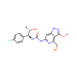 COc1n[nH]c2cc(NC(=O)N[C@@H](c3ccc(F)cc3)[C@H](C)O)nc(CO)c12 ZINC001772614751