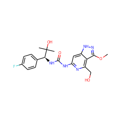 COc1n[nH]c2cc(NC(=O)N[C@@H](c3ccc(F)cc3)C(C)(C)O)nc(CO)c12 ZINC001772625875