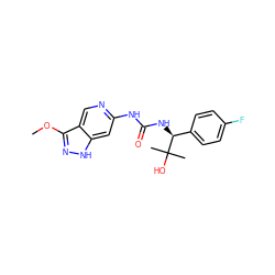 COc1n[nH]c2cc(NC(=O)N[C@@H](c3ccc(F)cc3)C(C)(C)O)ncc12 ZINC001772630024