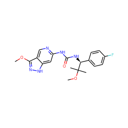 COc1n[nH]c2cc(NC(=O)N[C@@H](c3ccc(F)cc3)C(C)(C)OC)ncc12 ZINC001772621021