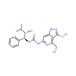 COc1n[nH]c2cc(NC(=O)N[C@@H](c3ccccc3)[C@@H](O)C(C)C)nc(CO)c12 ZINC001772636637