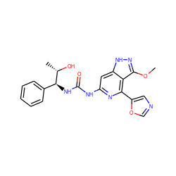 COc1n[nH]c2cc(NC(=O)N[C@@H](c3ccccc3)[C@H](C)O)nc(-c3cnco3)c12 ZINC001772643340