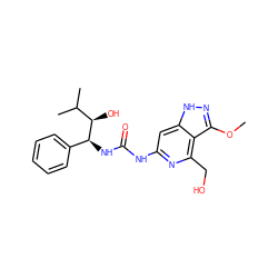 COc1n[nH]c2cc(NC(=O)N[C@@H](c3ccccc3)[C@H](O)C(C)C)nc(CO)c12 ZINC001772640288