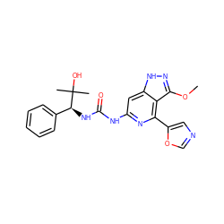 COc1n[nH]c2cc(NC(=O)N[C@@H](c3ccccc3)C(C)(C)O)nc(-c3cnco3)c12 ZINC001772638913