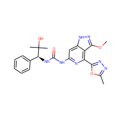 COc1n[nH]c2cc(NC(=O)N[C@@H](c3ccccc3)C(C)(C)O)nc(-c3nnc(C)o3)c12 ZINC001772588775