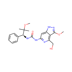 COc1n[nH]c2cc(NC(=O)N[C@@H](c3ccccc3)C(C)(C)OC)nc(CO)c12 ZINC001772573001