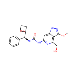 COc1n[nH]c2cc(NC(=O)N[C@@H](c3ccccc3)C3(O)CCC3)nc(CO)c12 ZINC001772636918