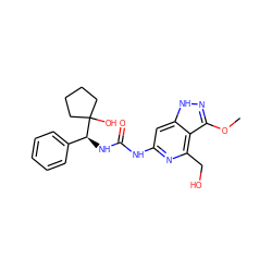 COc1n[nH]c2cc(NC(=O)N[C@@H](c3ccccc3)C3(O)CCCC3)nc(CO)c12 ZINC001772646962