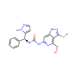 COc1n[nH]c2cc(NC(=O)N[C@@H](c3ccccc3)c3ccnn3C)nc(CO)c12 ZINC001772655767