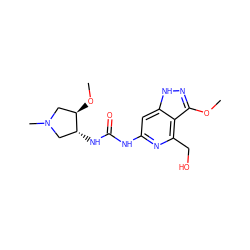 COc1n[nH]c2cc(NC(=O)N[C@@H]3CN(C)C[C@H]3OC)nc(CO)c12 ZINC001772606445