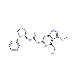 COc1n[nH]c2cc(NC(=O)N[C@@H]3CN(C)C[C@H]3c3ccccc3)nc(CO)c12 ZINC001772603471