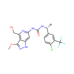 COc1n[nH]c2cc(NC(=O)N[C@H](C)c3ccc(Cl)c(C(F)(F)F)c3)nc(CO)c12 ZINC001772593426
