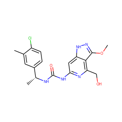 COc1n[nH]c2cc(NC(=O)N[C@H](C)c3ccc(Cl)c(C)c3)nc(CO)c12 ZINC001772639630