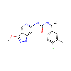 COc1n[nH]c2cc(NC(=O)N[C@H](C)c3ccc(Cl)c(C)c3)ncc12 ZINC001772656096