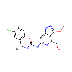 COc1n[nH]c2cc(NC(=O)N[C@H](C)c3ccc(Cl)c(Cl)c3)nc(CO)c12 ZINC001772577016