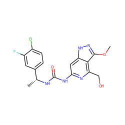 COc1n[nH]c2cc(NC(=O)N[C@H](C)c3ccc(Cl)c(F)c3)nc(CO)c12 ZINC001772631520