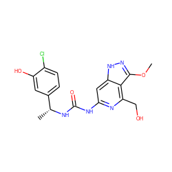 COc1n[nH]c2cc(NC(=O)N[C@H](C)c3ccc(Cl)c(O)c3)nc(CO)c12 ZINC001772575611