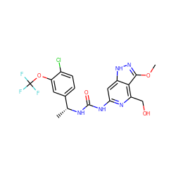 COc1n[nH]c2cc(NC(=O)N[C@H](C)c3ccc(Cl)c(OC(F)(F)F)c3)nc(CO)c12 ZINC001772608804