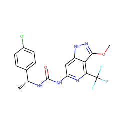 COc1n[nH]c2cc(NC(=O)N[C@H](C)c3ccc(Cl)cc3)nc(C(F)(F)F)c12 ZINC000209327899