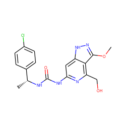 COc1n[nH]c2cc(NC(=O)N[C@H](C)c3ccc(Cl)cc3)nc(CO)c12 ZINC001772637118