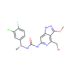 COc1n[nH]c2cc(NC(=O)N[C@H](C)c3ccc(F)c(Cl)c3)nc(CO)c12 ZINC001772579573