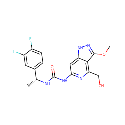 COc1n[nH]c2cc(NC(=O)N[C@H](C)c3ccc(F)c(F)c3)nc(CO)c12 ZINC001772589206