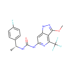 COc1n[nH]c2cc(NC(=O)N[C@H](C)c3ccc(F)cc3)nc(C(F)(F)F)c12 ZINC000209327853