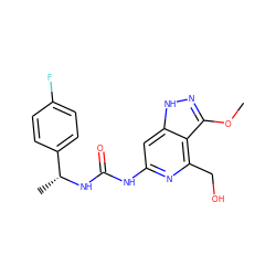 COc1n[nH]c2cc(NC(=O)N[C@H](C)c3ccc(F)cc3)nc(CO)c12 ZINC001772593578