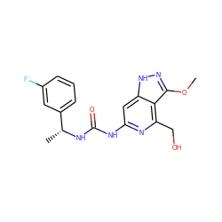 COc1n[nH]c2cc(NC(=O)N[C@H](C)c3cccc(F)c3)nc(CO)c12 ZINC001772619858