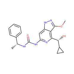 COc1n[nH]c2cc(NC(=O)N[C@H](C)c3ccccc3)nc([C@H](O)C3CC3)c12 ZINC001772607949