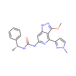 COc1n[nH]c2cc(NC(=O)N[C@H](C)c3ccccc3)nc(-c3ccn(C)n3)c12 ZINC001772578387