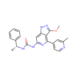 COc1n[nH]c2cc(NC(=O)N[C@H](C)c3ccccc3)nc(-c3ccnc(C)c3)c12 ZINC001772641698