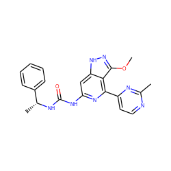 COc1n[nH]c2cc(NC(=O)N[C@H](C)c3ccccc3)nc(-c3ccnc(C)n3)c12 ZINC001772630342